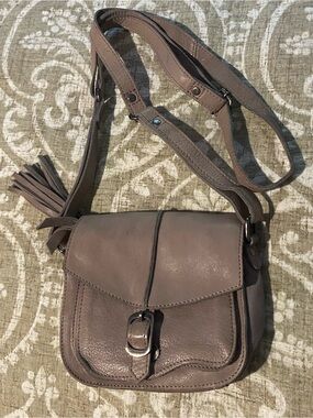 Leather Taupe Crossbody Bag with Tassel Accent
